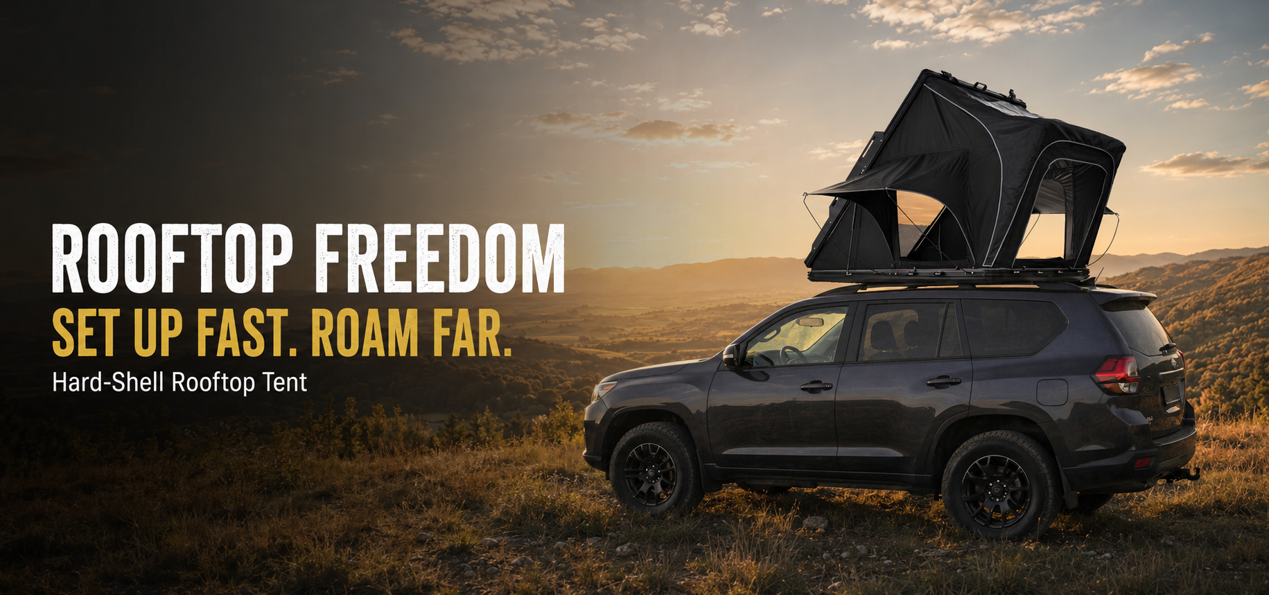 Xtreme RoamForce hard-shell rooftop tent mounted on an SUV at sunset